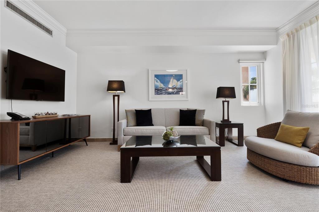 A living room features a sofa, coffee table, television, and a round wicker chair — 1000 EL CONQUISTADOR AVE UNIT 5310, FAJARDO, PR