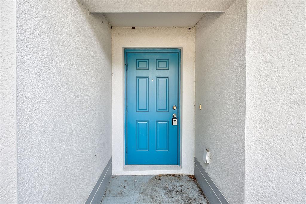 A bright blue six-panel front door is set within a recessed white stucco entryway — 15410 QUAIL WOODS PLACE, RUSKIN, FL
