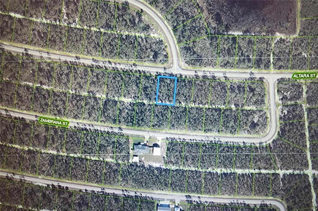 An aerial map shows a rectangular plot of land highlighted in blue among wooded lots — 7711 ALTARA STREET, SEBRING, FL