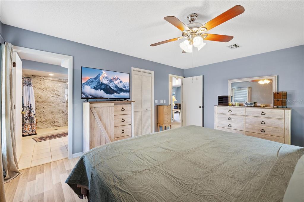 A bedroom features light blue walls, a ceiling fan, a bed, and a television on a dresser — 8166 WINDING OAK LANE, SPRING HILL, FL