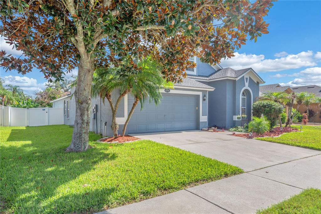 A blue single-story house with a two-car garage, a concrete driveway, and a large tree — 4306 ORANGE RIDGE COURT, VALRICO, FL