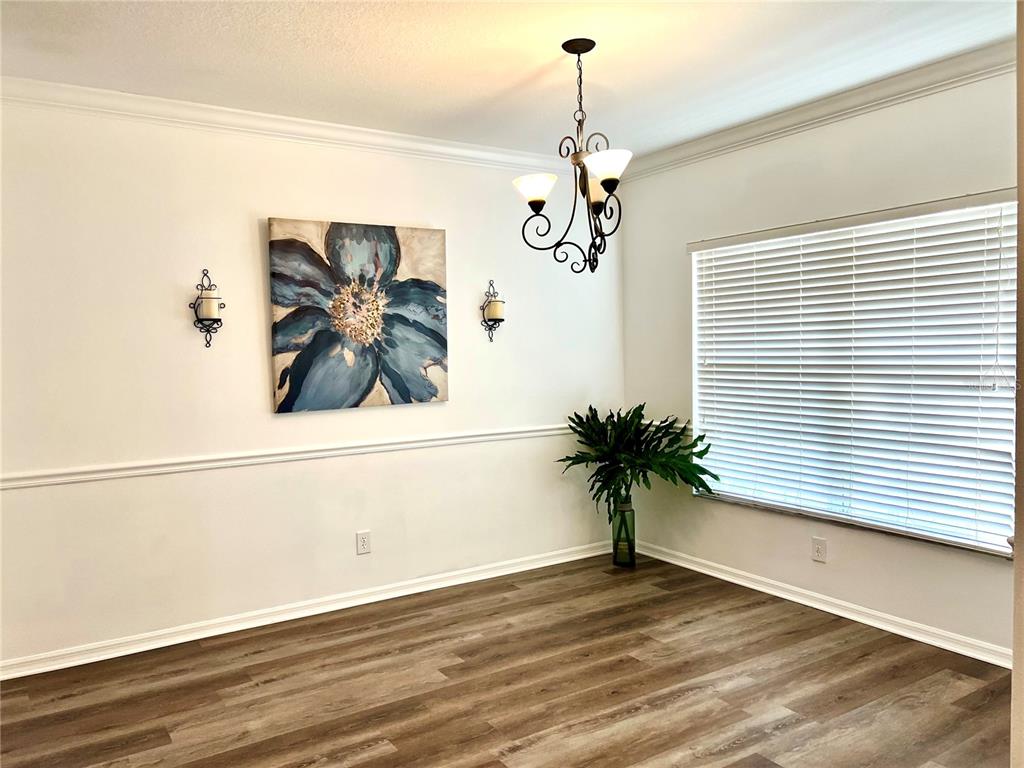 A dining room features wood-look flooring, a chandelier, wall art, and a large window — 12425 FOXMOOR PEAK DRIVE, RIVERVIEW, FL