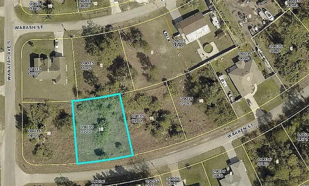 This is an aerial map view of a vacant residential lot highlighted in blue — 827 WARREN STREET, LEHIGH ACRES, FL