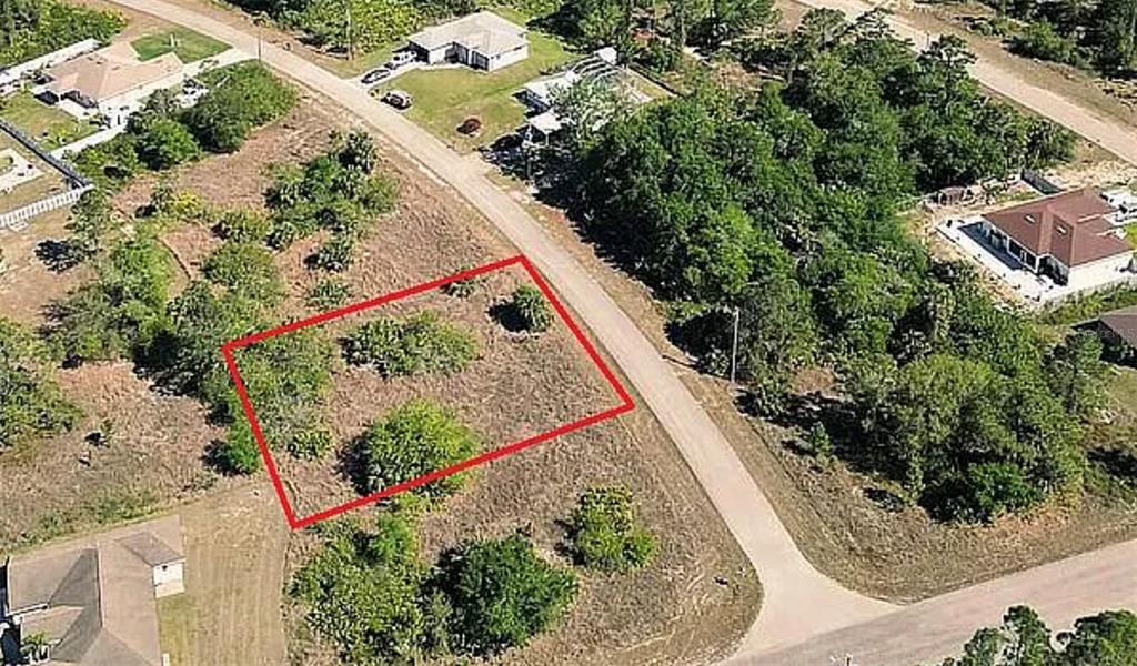 An aerial view shows a vacant, rectangular lot outlined in red along a paved road — 827 WARREN STREET, LEHIGH ACRES, FL
