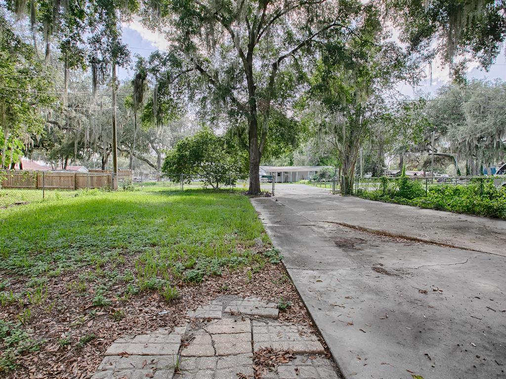 A concrete driveway runs alongside a grassy yard shaded by large, moss-covered oak trees — 853 CR 484, LAKE PANASOFFKEE, FL
