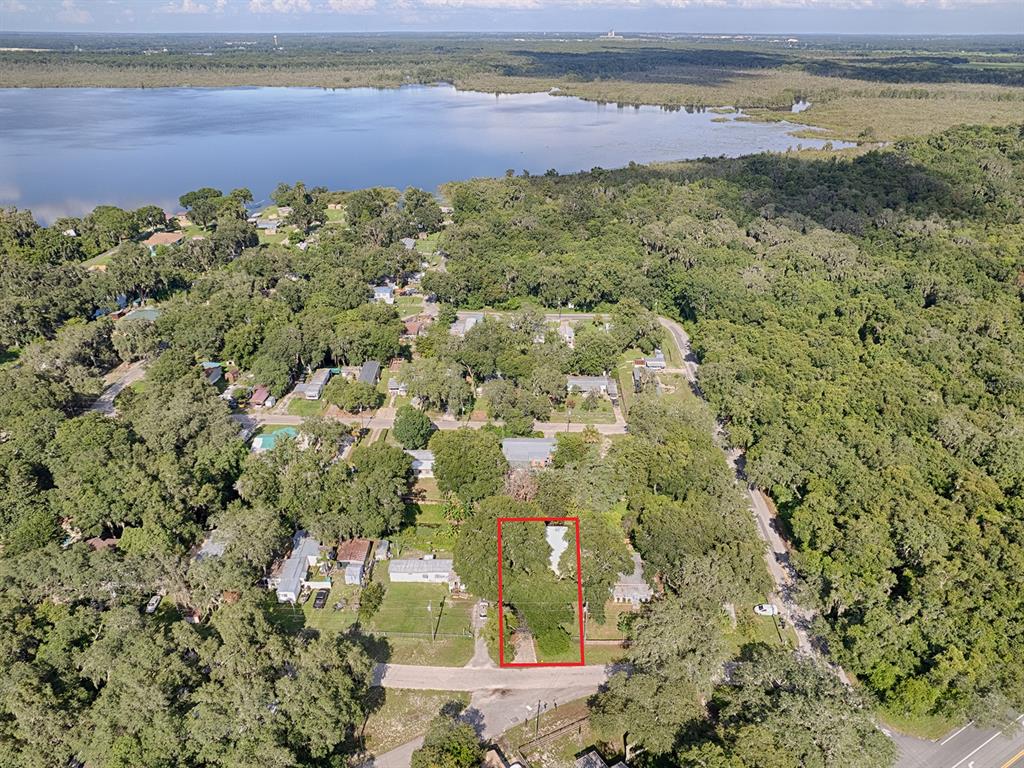 An aerial view shows a rectangular lot outlined in red within a wooded residential neighborhood — 853 CR 484, LAKE PANASOFFKEE, FL
