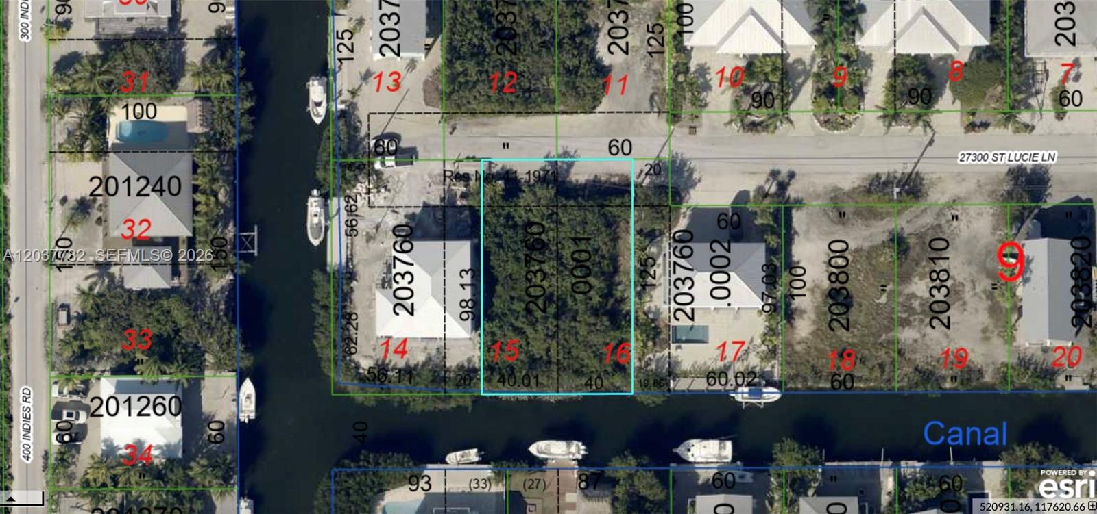 This is an aerial map showing residential lots along a canal — 27334 Saint Lucie Ln, Big Pine FL 33042, BIG PINE, FL