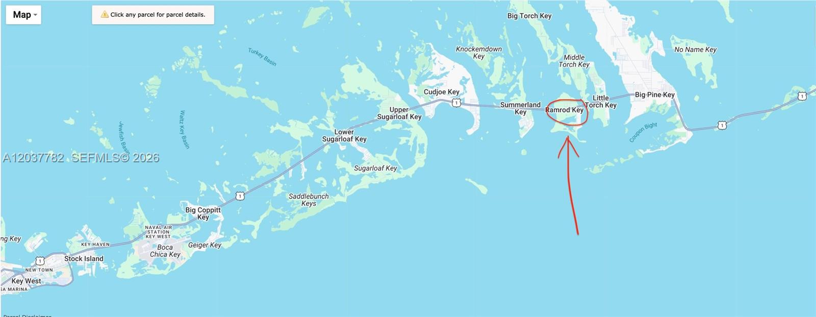 This is a map of the Florida Keys with a red circle around Ramrod Key — 27334 Saint Lucie Ln, Big Pine FL 33042, BIG PINE, FL
