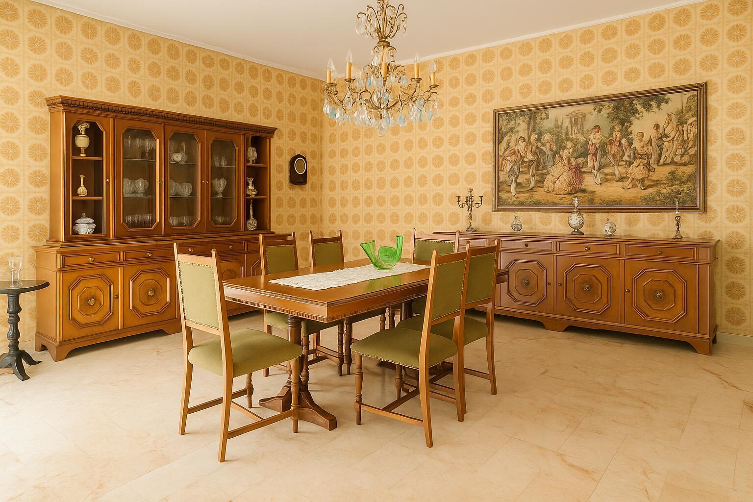 A dining room features a wooden table, green chairs, a hutch, and patterned wallpaper — 5 Via Italia N 5, FL