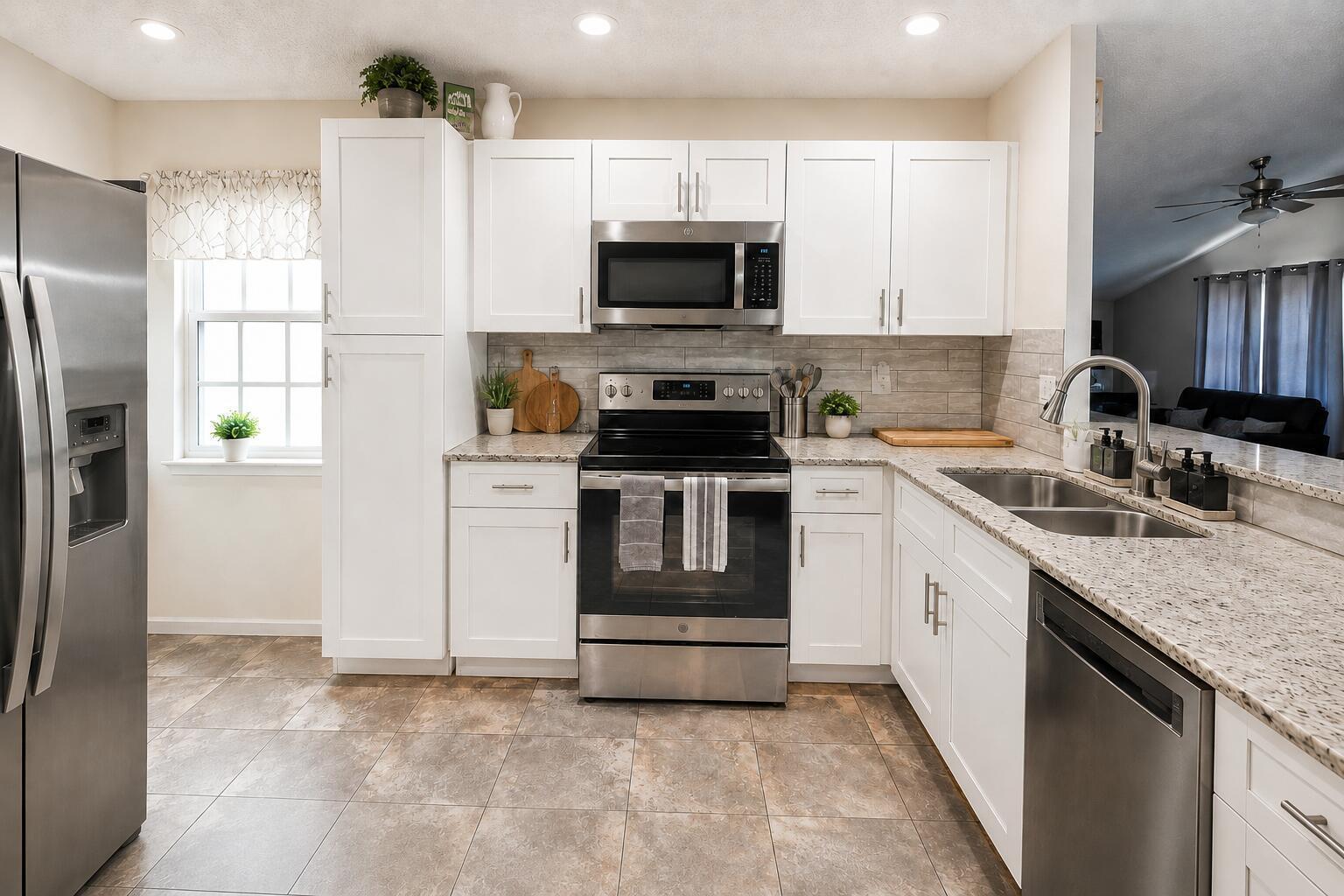 A kitchen features white cabinets, stainless steel appliances, granite countertops, and a tiled floor — 7063 Middlebury Drive, Boynton Beach FL 33436, BOYNTON BEACH, FL
