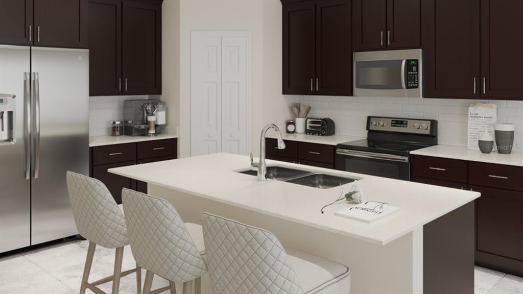 This is a rendering of a kitchen with dark cabinets, white countertops, and a central island — 5240 WORCHESTER DRIVE, KISSIMMEE, FL