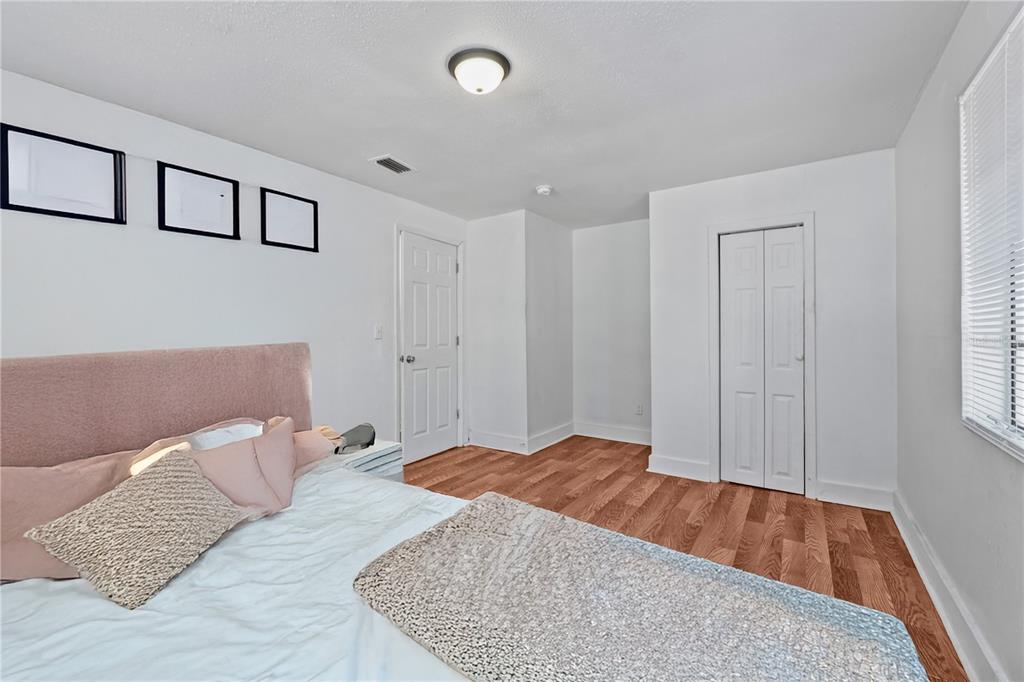 A bedroom with white walls, wood-look flooring, a pink headboard, and two white doors — 1730 N ORANGE STREET, MOUNT DORA, FL