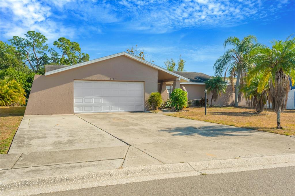 A single-story house with a beige exterior, a two-car garage, and a concrete driveway — 6507 MANILA PALM WAY, APOLLO BEACH, FL