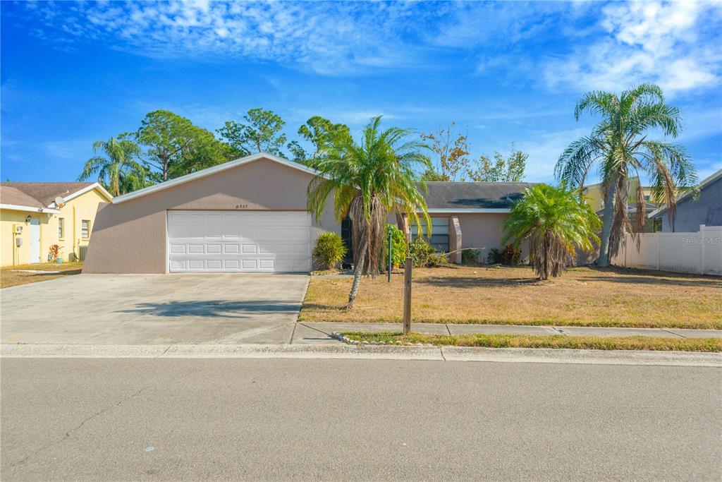 A single-story house with a white garage door, palm trees, and a concrete driveway — 6507 MANILA PALM WAY, APOLLO BEACH, FL