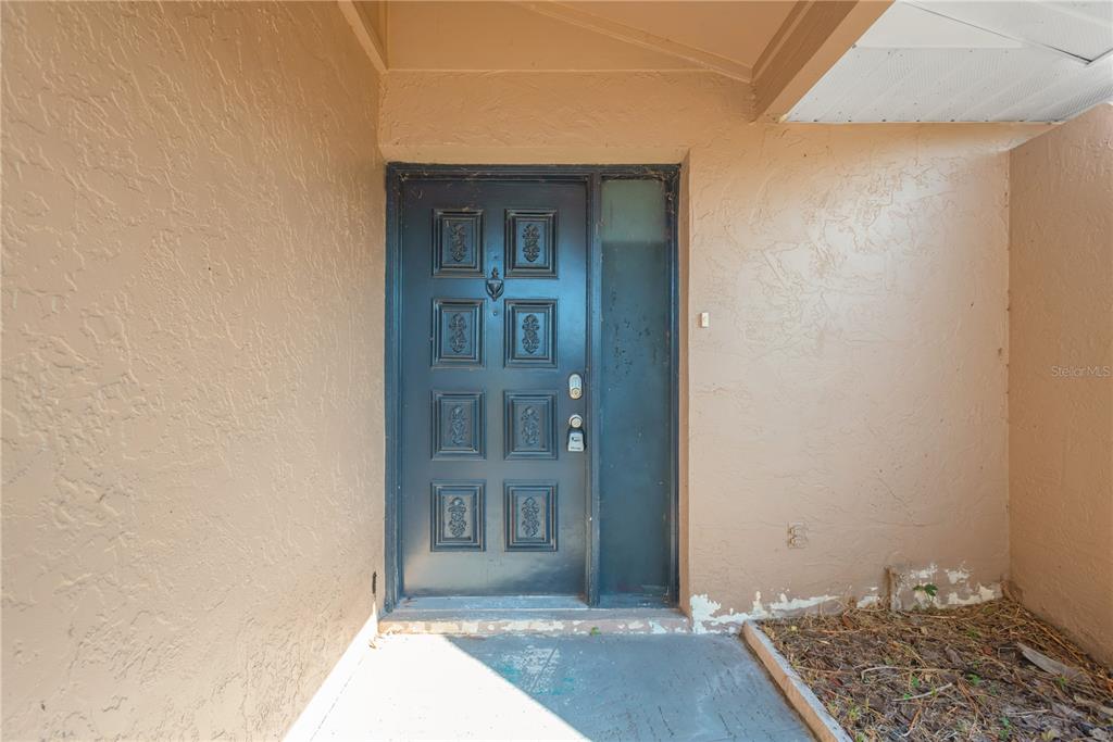 A dark-colored front door with eight panels and a side light sits under a porch — 6507 MANILA PALM WAY, APOLLO BEACH, FL