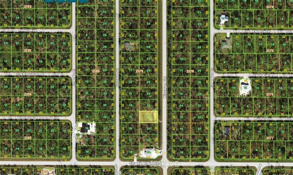 This is a satellite map showing a vacant residential lot highlighted in yellow — 493 BISCAYNE DRIVE, PORT CHARLOTTE, FL