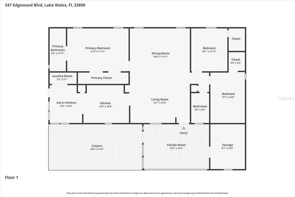 This is a floor plan for a single-story house with a carport and Florida room — 347 EDGEWOOD BOULEVARD, LAKE WALES, FL