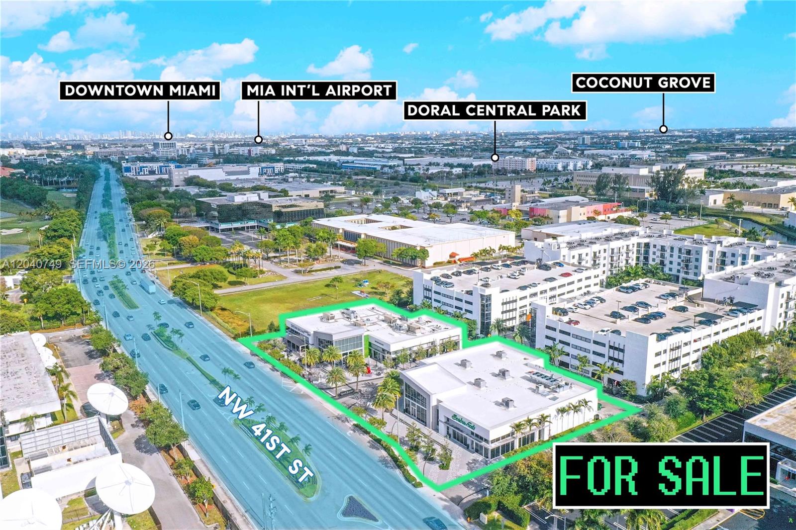 An aerial view shows a commercial building complex outlined in green along a city street — 9420 NW 41st St # 2, Doral FL 33178, DORAL, FL
