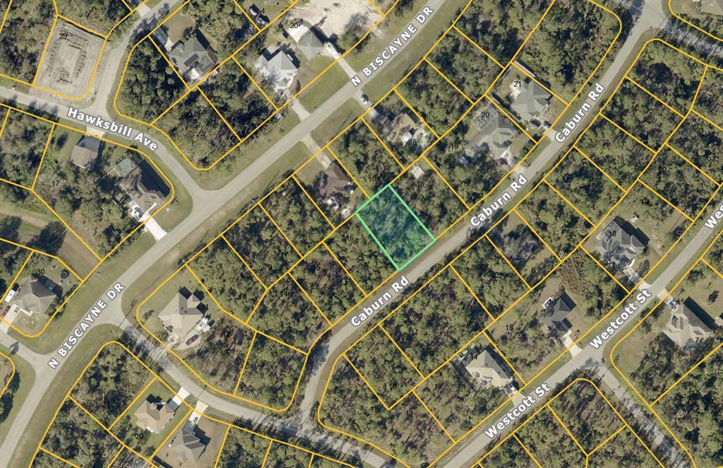 This is an aerial map view of a vacant residential lot highlighted in light blue — CABURN ROAD, NORTH PORT, FL
