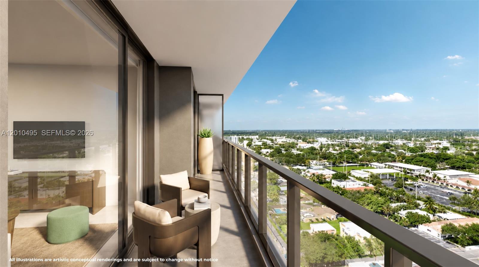 This is an artistic rendering of a high-rise balcony featuring outdoor seating and city views — 401 N Federal Highway # 910, Miami FL 33020, MIAMI, FL