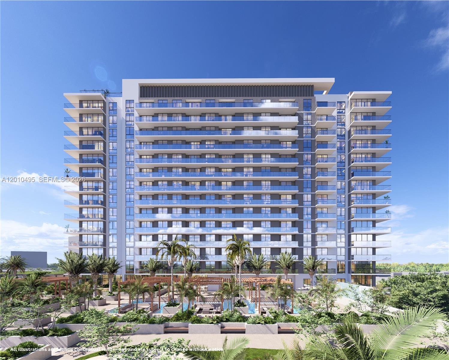 This is an architectural rendering of a modern multi-story residential building with a pool deck — 401 N Federal Highway # 910, Miami FL 33020, MIAMI, FL