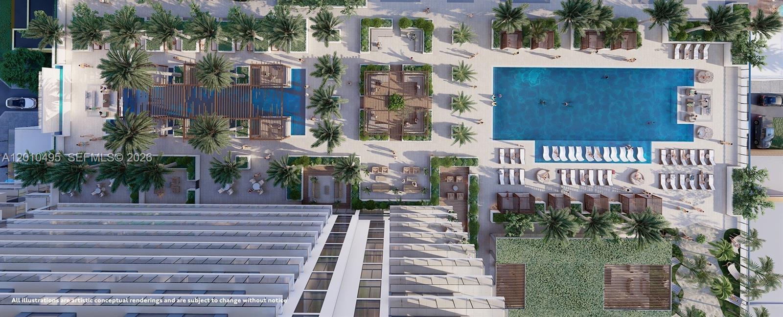 This architectural rendering shows an aerial view of a luxury apartment complex pool deck — 401 N Federal Highway # 910, Miami FL 33020, MIAMI, FL