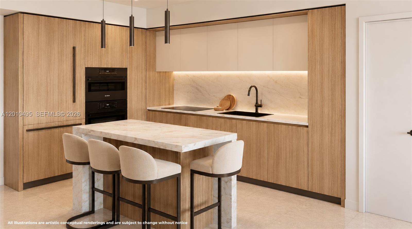 This rendering shows a modern kitchen with wood cabinetry, a marble-topped island, and bar stools — 401 N Federal Highway # 910, Miami FL 33020, MIAMI, FL