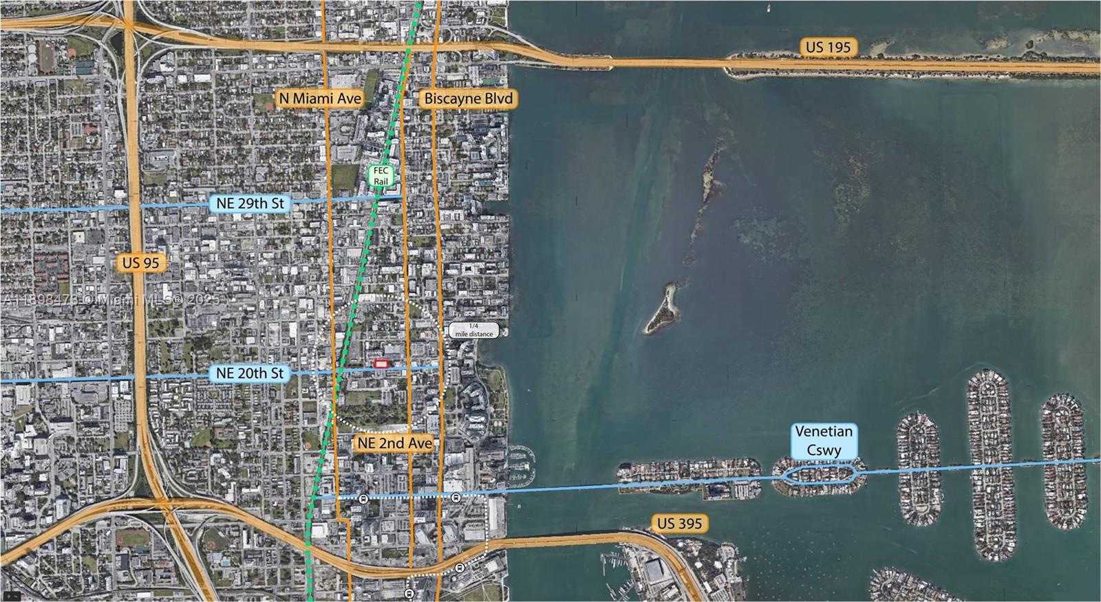 This aerial map shows a section of Miami with major roads, highways, and the coastline — 101 NE 20th St, Miami FL 33137, MIAMI, FL