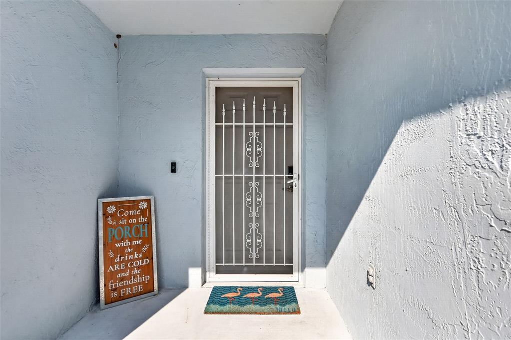 A front porch features a white security door, a flamingo doormat, and a decorative sign — 1717 FRANCISCO STREET, THE VILLAGES, FL