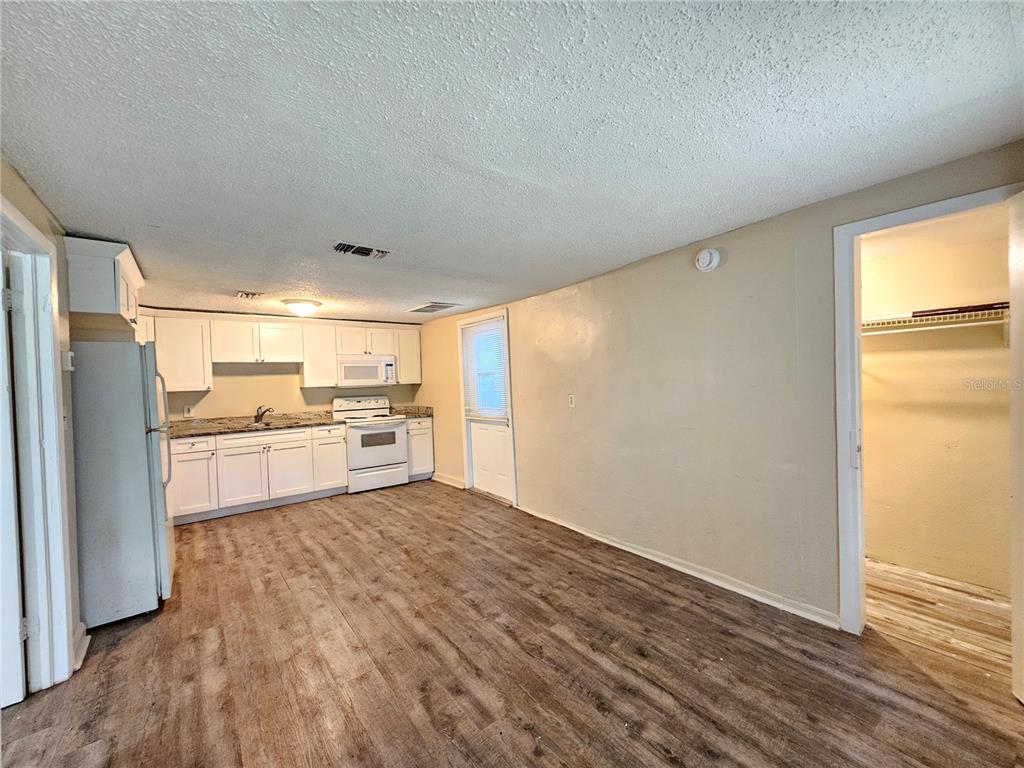 A kitchen with white cabinets, granite countertops, and wood-look flooring opens to a closet — 1504 E 99TH AVENUE UNIT B, TAMPA, FL