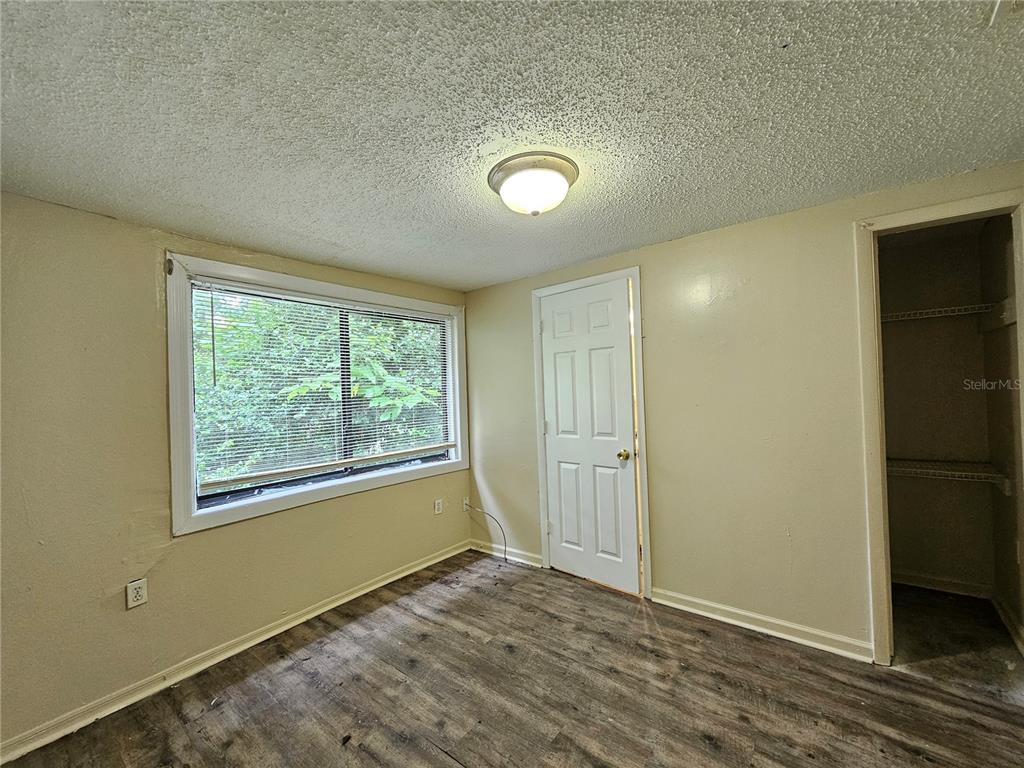 An empty bedroom features beige walls, a popcorn ceiling, wood-look flooring, and a walk-in closet — 1504 E 99TH AVENUE UNIT B, TAMPA, FL