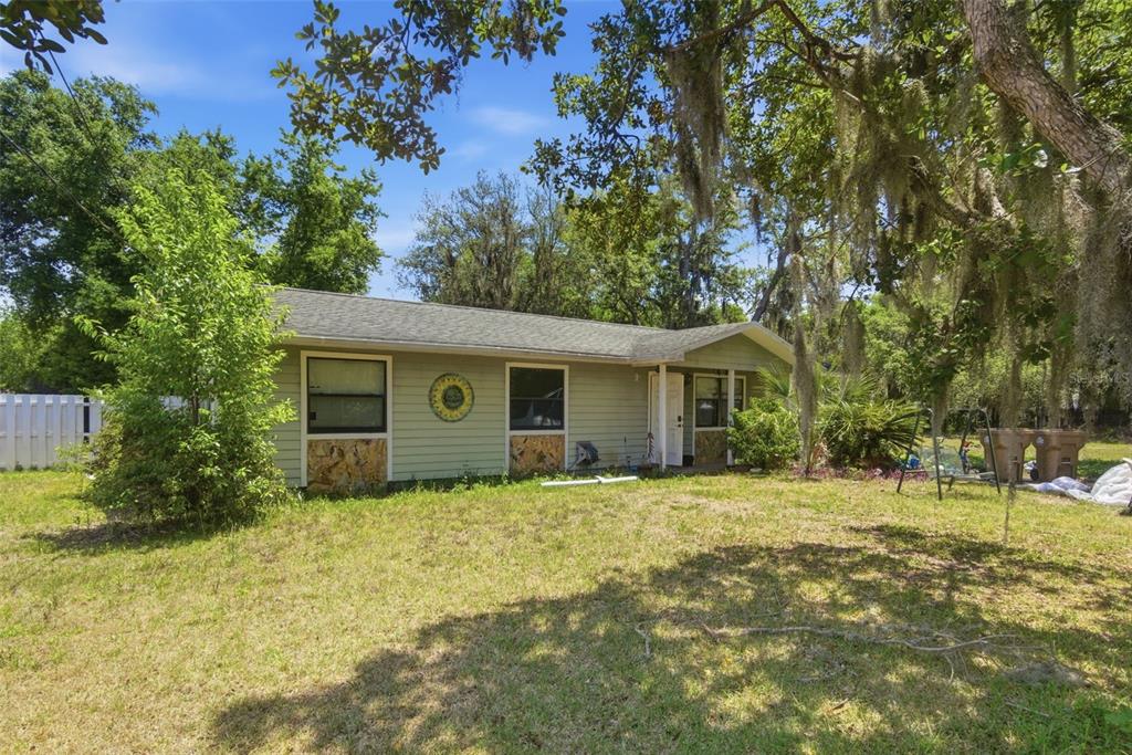 A single-story house with light green siding and a shingled roof sits on a grassy lot — 35724 DAWN DRIVE, LEESBURG, FL
