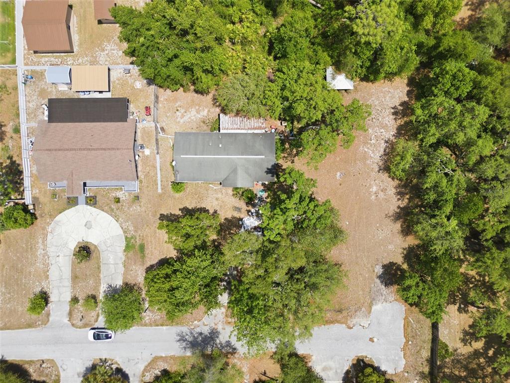 An aerial view shows a house with a U-shaped driveway and a large wooded lot — 35724 DAWN DRIVE, LEESBURG, FL