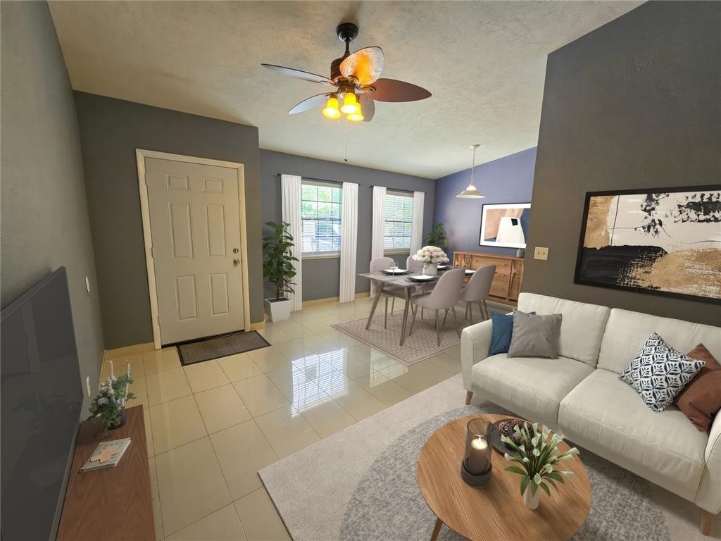 This is a digital rendering of an open-concept living and dining room with tiled floors — 7030 SW 46TH AVENUE, GAINESVILLE, FL