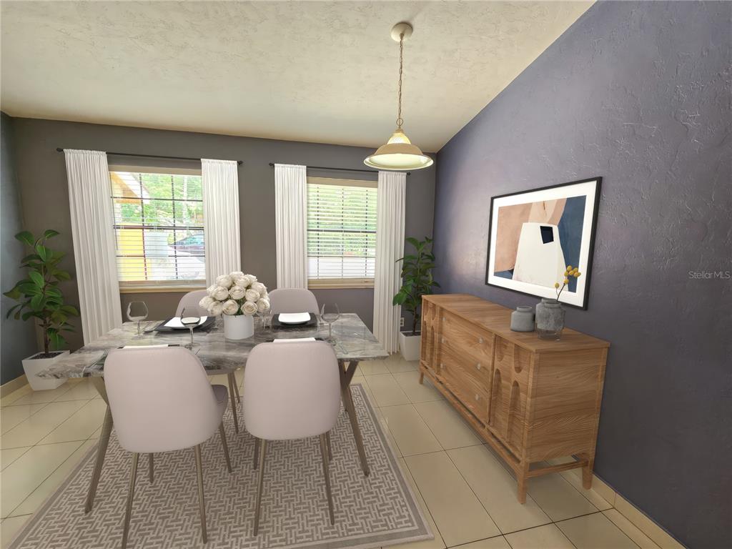 This is a digital rendering of a dining room with a marble table and sideboard — 7030 SW 46TH AVENUE, GAINESVILLE, FL