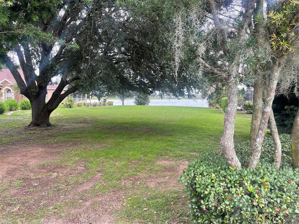 A grassy backyard features large trees and a view of a lake in the distance — 348 TERRANOVA BOULEVARD, WINTER HAVEN, FL