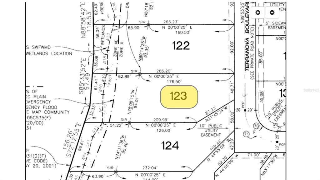 This is a land survey map showing the property boundaries for lot 123 — 348 TERRANOVA BOULEVARD, WINTER HAVEN, FL