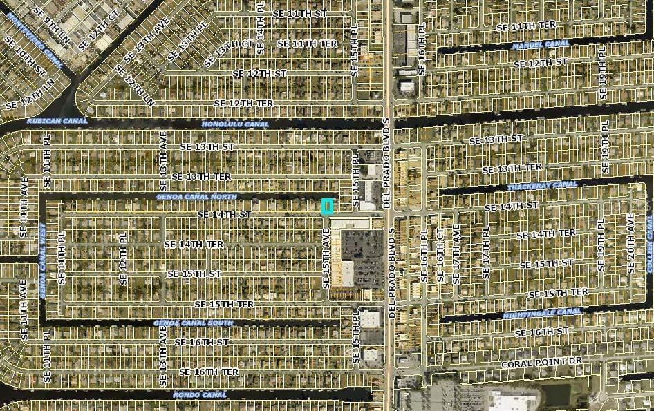 This is an aerial map showing residential streets, canals, and a highlighted property lot — 1459 SE 14TH STREET, CAPE CORAL, FL