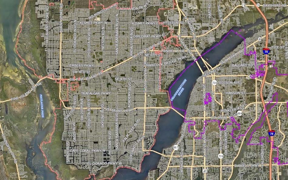This is a map showing the road network and waterways of Cape Coral and Fort Myers — 1459 SE 14TH STREET, CAPE CORAL, FL