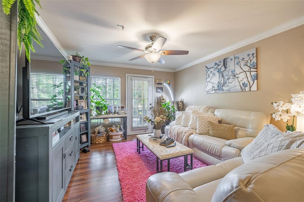 A living room features a white sofa, a pink rug, and a television on a console — 18439 BRIDLE CLUB DRIVE, TAMPA, FL
