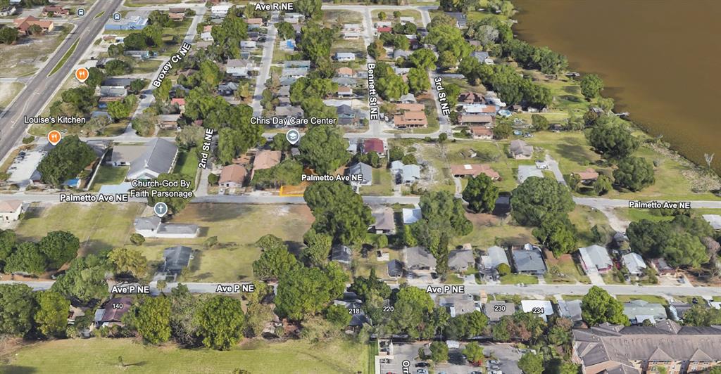 This is an aerial view of a residential neighborhood with streets, houses, and a lake — 223 PALMETTO AVENUE NE, WINTER HAVEN, FL