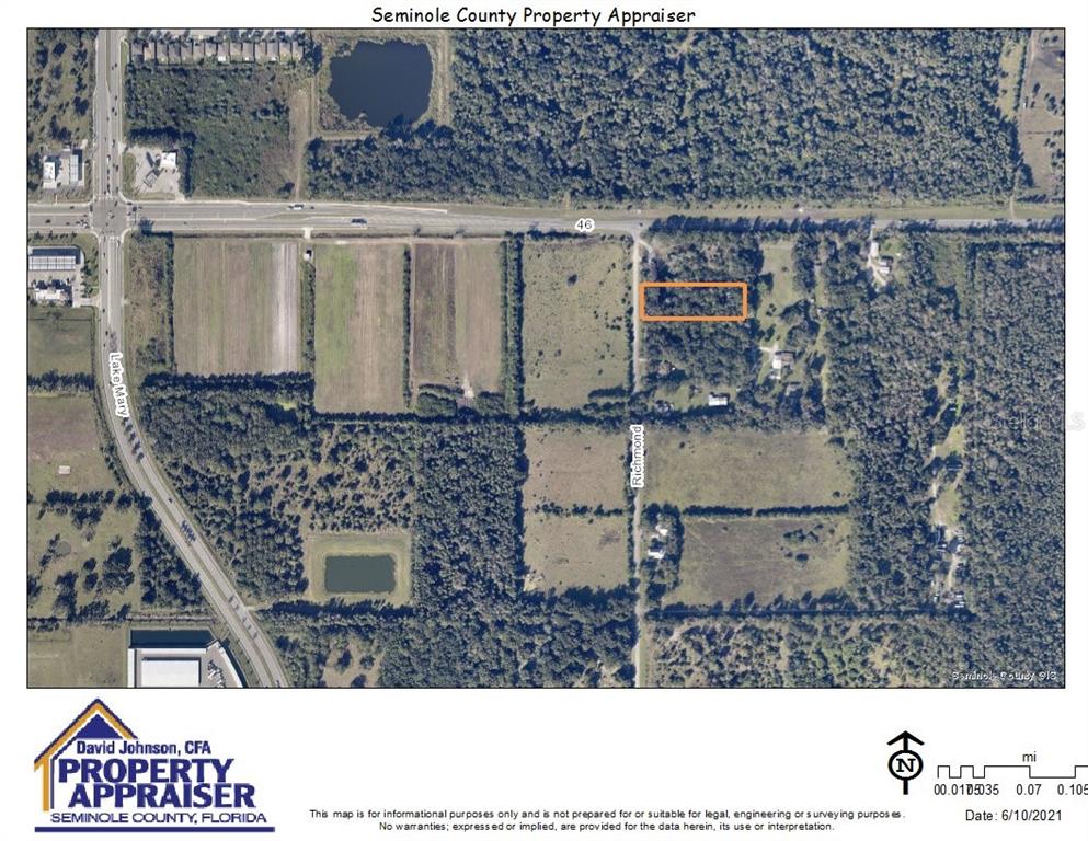 This is an aerial map showing a highlighted rectangular property parcel near a road intersection — 2515 RICHMOND AVE, SANFORD, FL
