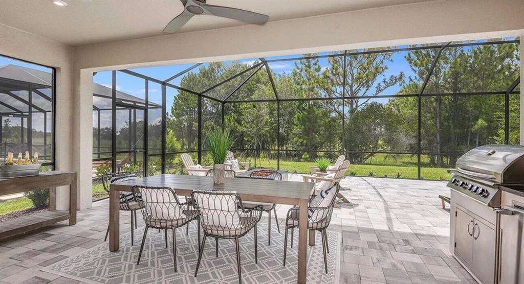 A covered patio features a dining set, a built-in grill, and a screened-in outdoor area — 33320 CASTAWAY LOOP, WESLEY CHAPEL, FL