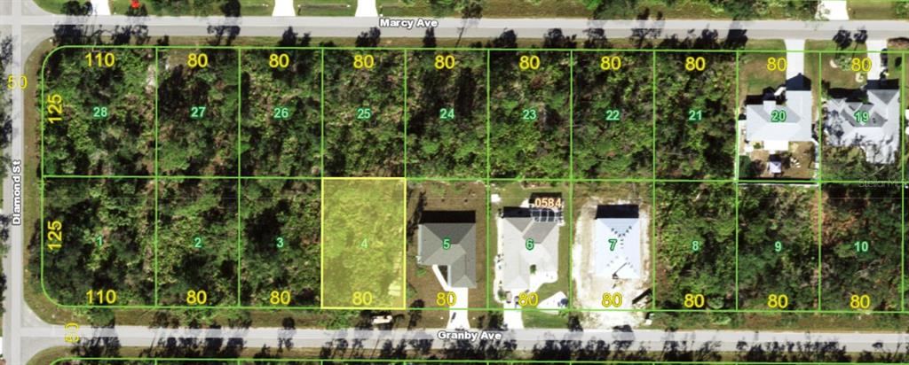This is an aerial map showing a vacant, highlighted residential lot among other subdivided plots — 17440 GRANBY AVENUE, PORT CHARLOTTE, FL