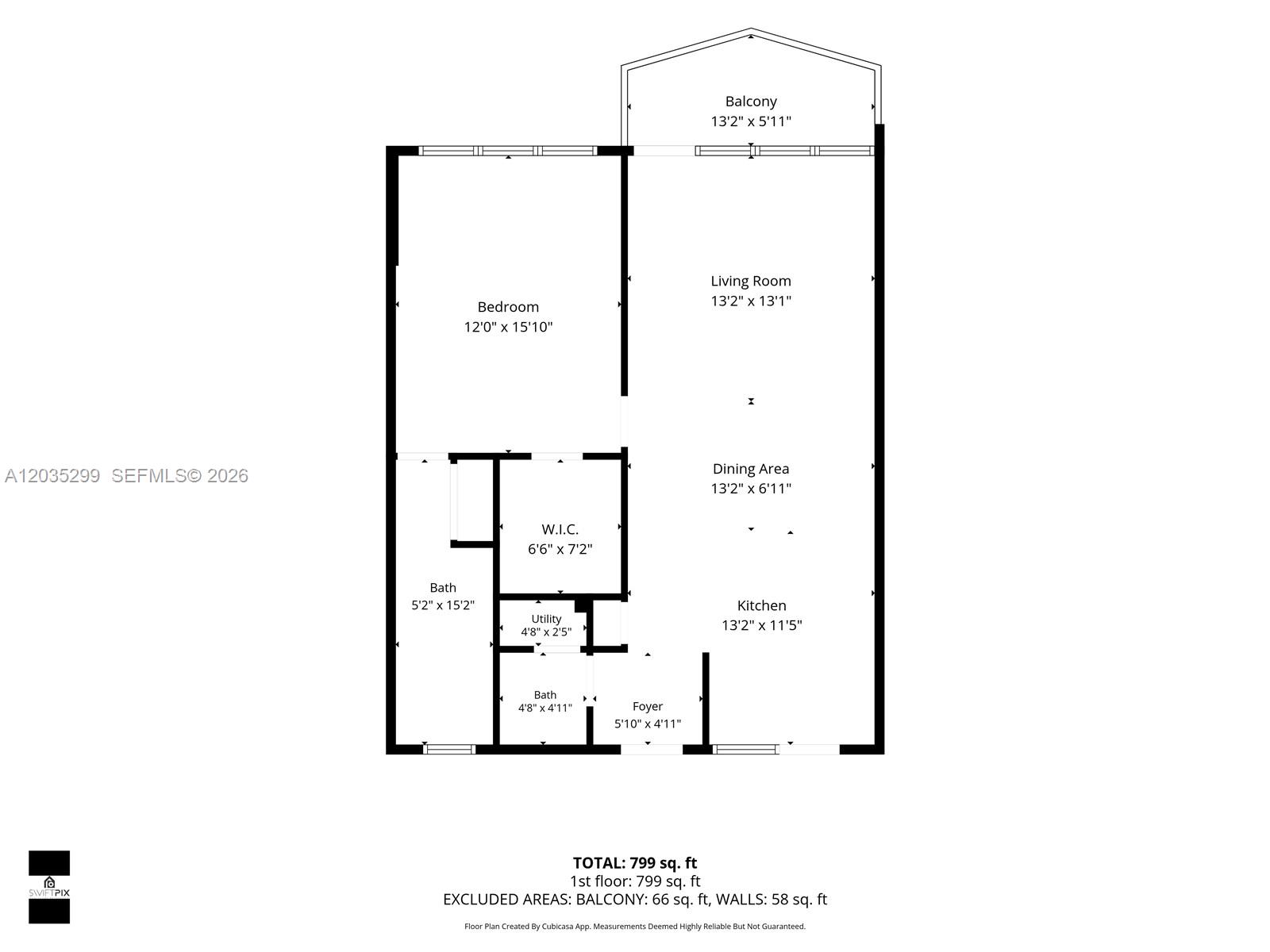 This is a floor plan for a one-bedroom apartment with a balcony and two bathrooms — 3181 S Ocean Dr # 107, Hallandale Beach FL 33009, HALLANDALE BEACH, FL
