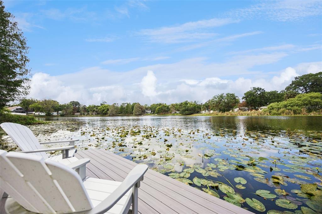 Two white Adirondack chairs sit on a wooden deck overlooking a lily pad-covered lake — 2100 MAE STREET, ORLANDO, FL