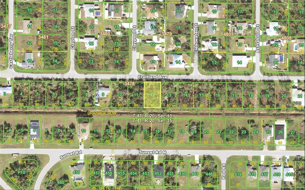 This is an aerial map showing residential lots and streets in a suburban neighborhood — 9105 FRUITLAND AVENUE, ENGLEWOOD, FL
