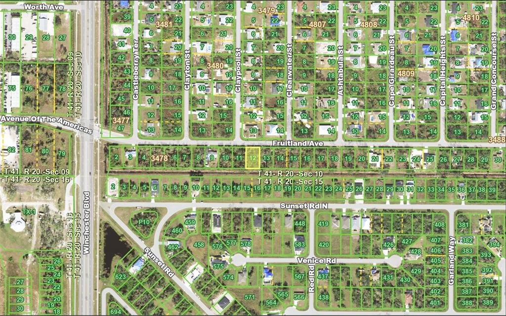 This is a land parcel map showing residential lots and street layouts in a neighborhood — 9105 FRUITLAND AVENUE, ENGLEWOOD, FL