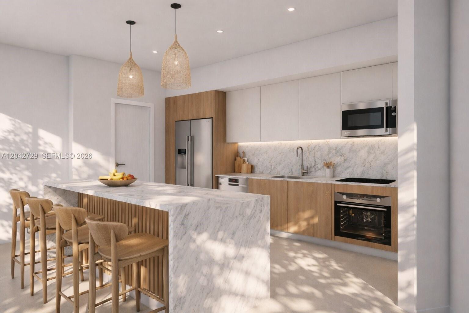 This rendering shows a modern kitchen with a marble island, wood cabinetry, and pendant lighting — 193 Galleon Ln, Lower Keys FL 33042, LOWER KEYS, FL