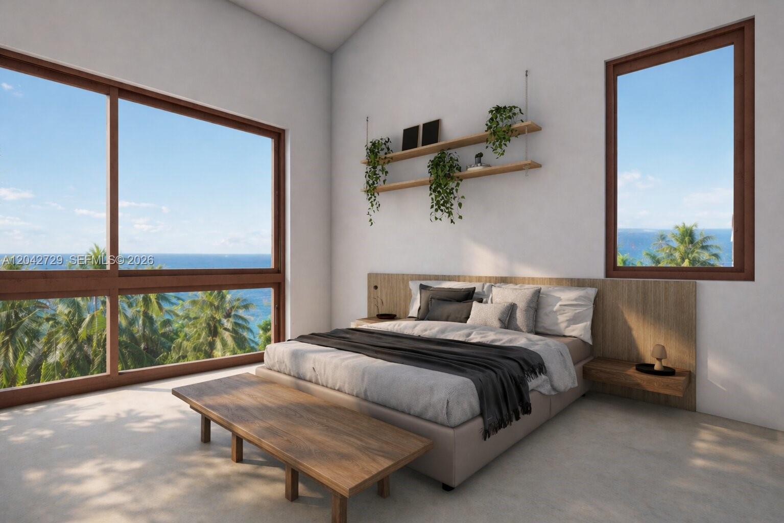 This rendering shows a modern bedroom with a wooden headboard, floating shelves, and ocean views — 193 Galleon Ln, Lower Keys FL 33042, LOWER KEYS, FL